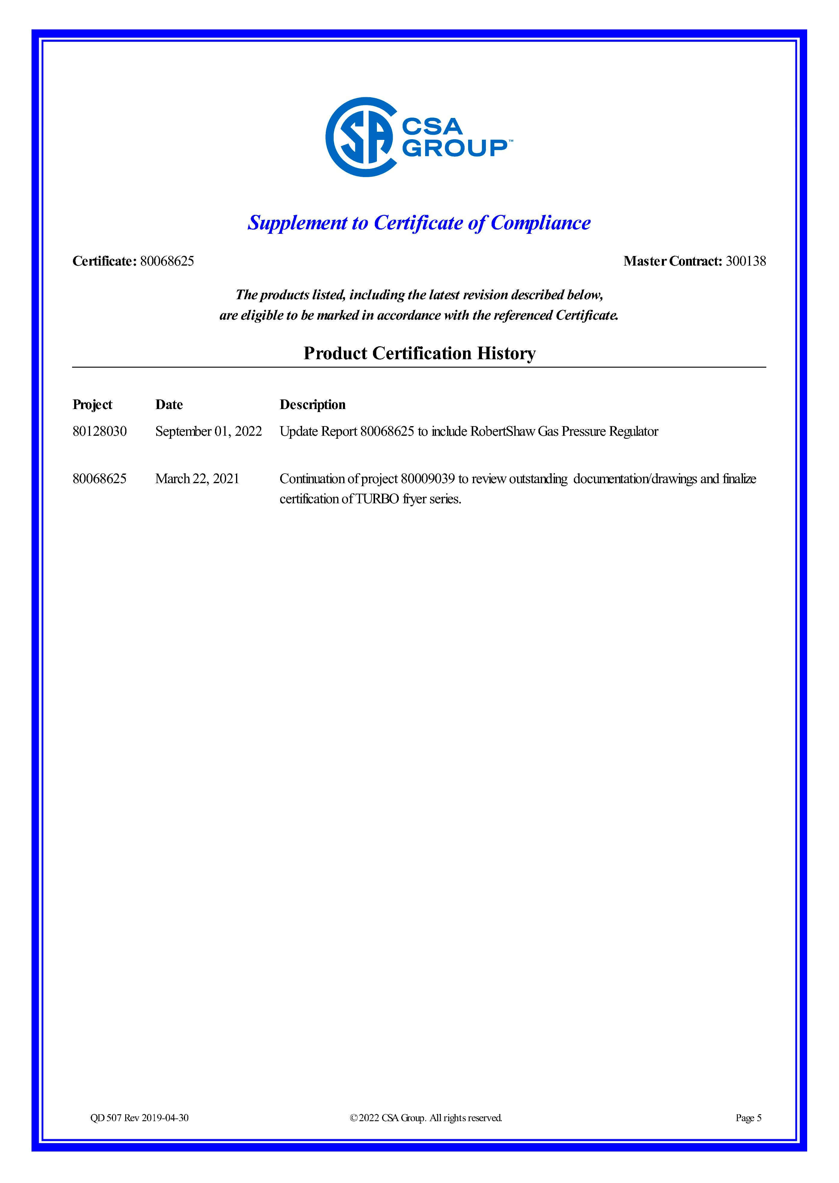 CSA Certificado Coriat Freidoras