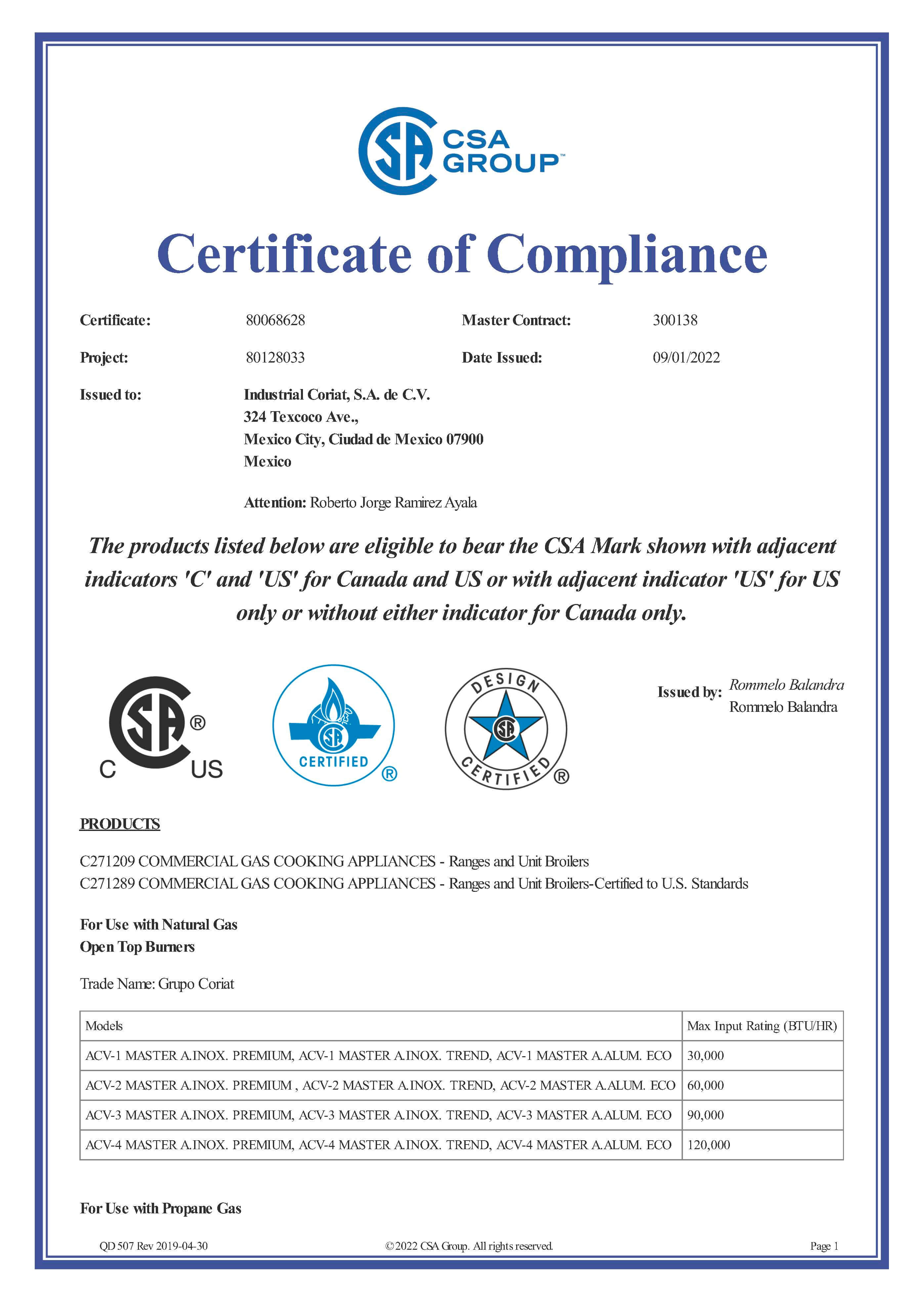 CSA Certificado Coriat Asadores