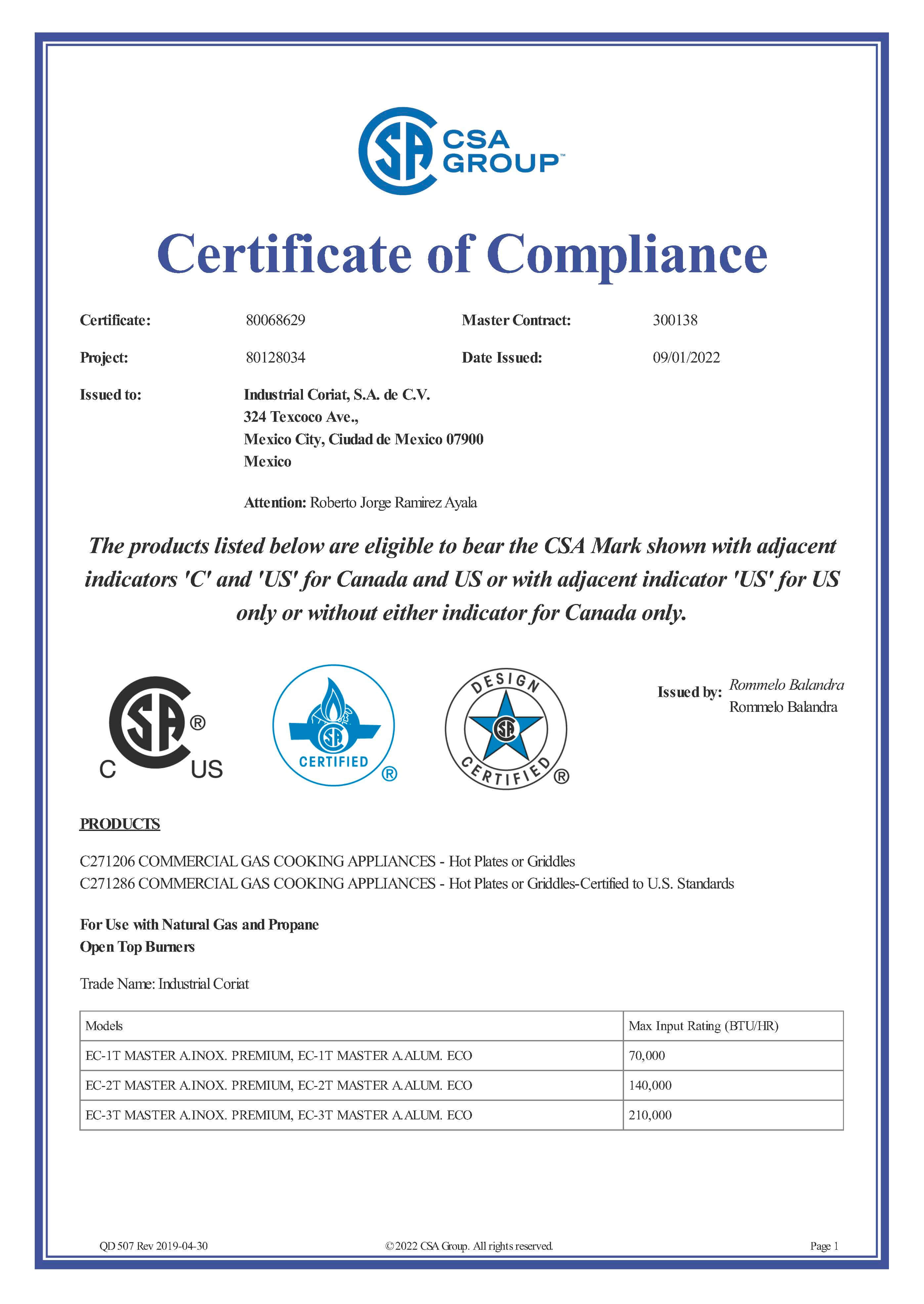 CSA Certificado Coriat Estufones